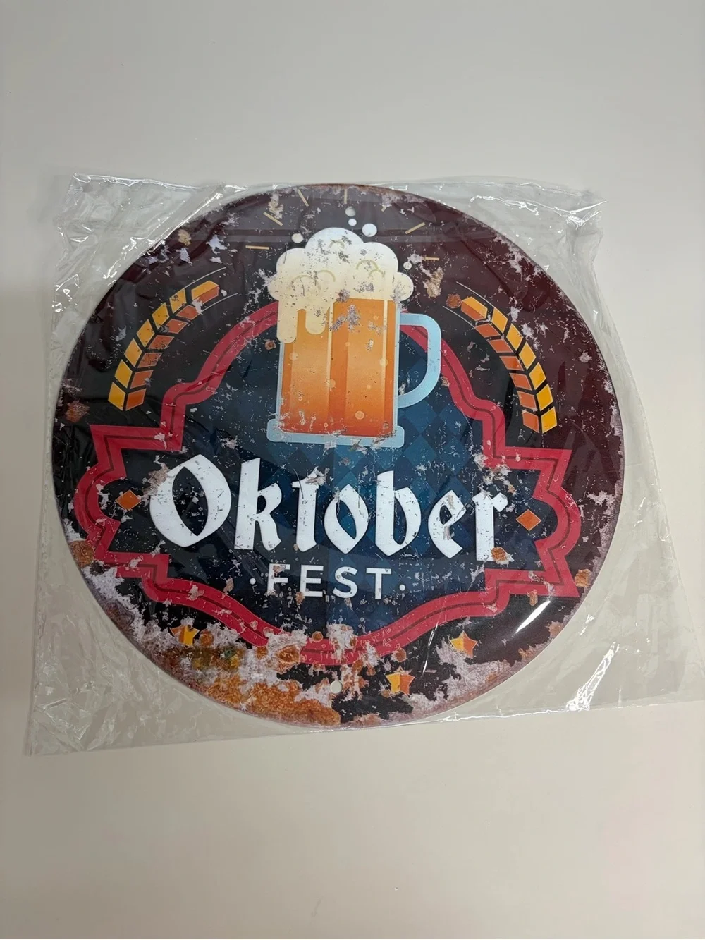 Oktoberfest Decorative Round Sign - Orange Beer Design 12x12 inches